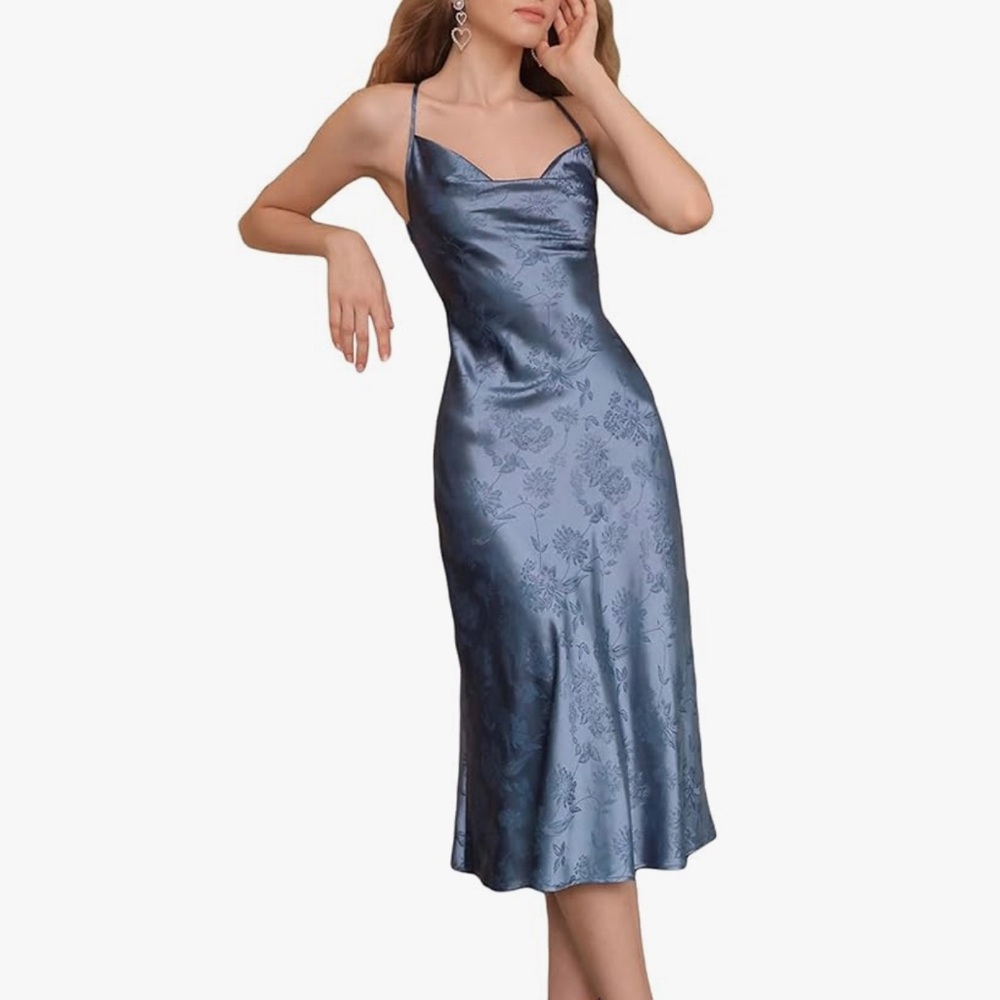 Blue Satin Floral Slip Dress